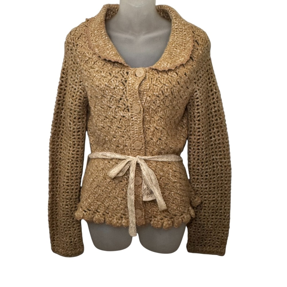 Anthropologie Moth Open Crochet Cardigan Sweater Size S Tan Belted Boho - Picture 2 of 9